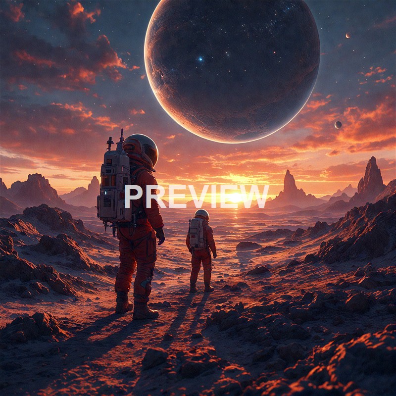 Two astronauts in space suits are exploring a rugged extraterrestrial landscape with towering mountains and a dramatic sky, featuring multiple planets and a large moon overhead during sunset.